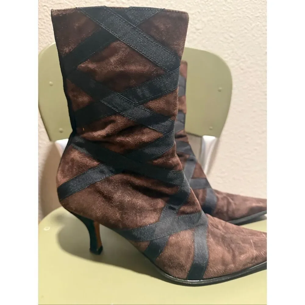 Donald J Pliner Brown Suede Black Criss-Cross Bandage Heeled Ankle Boots Size 7 - Picture 2 of 5